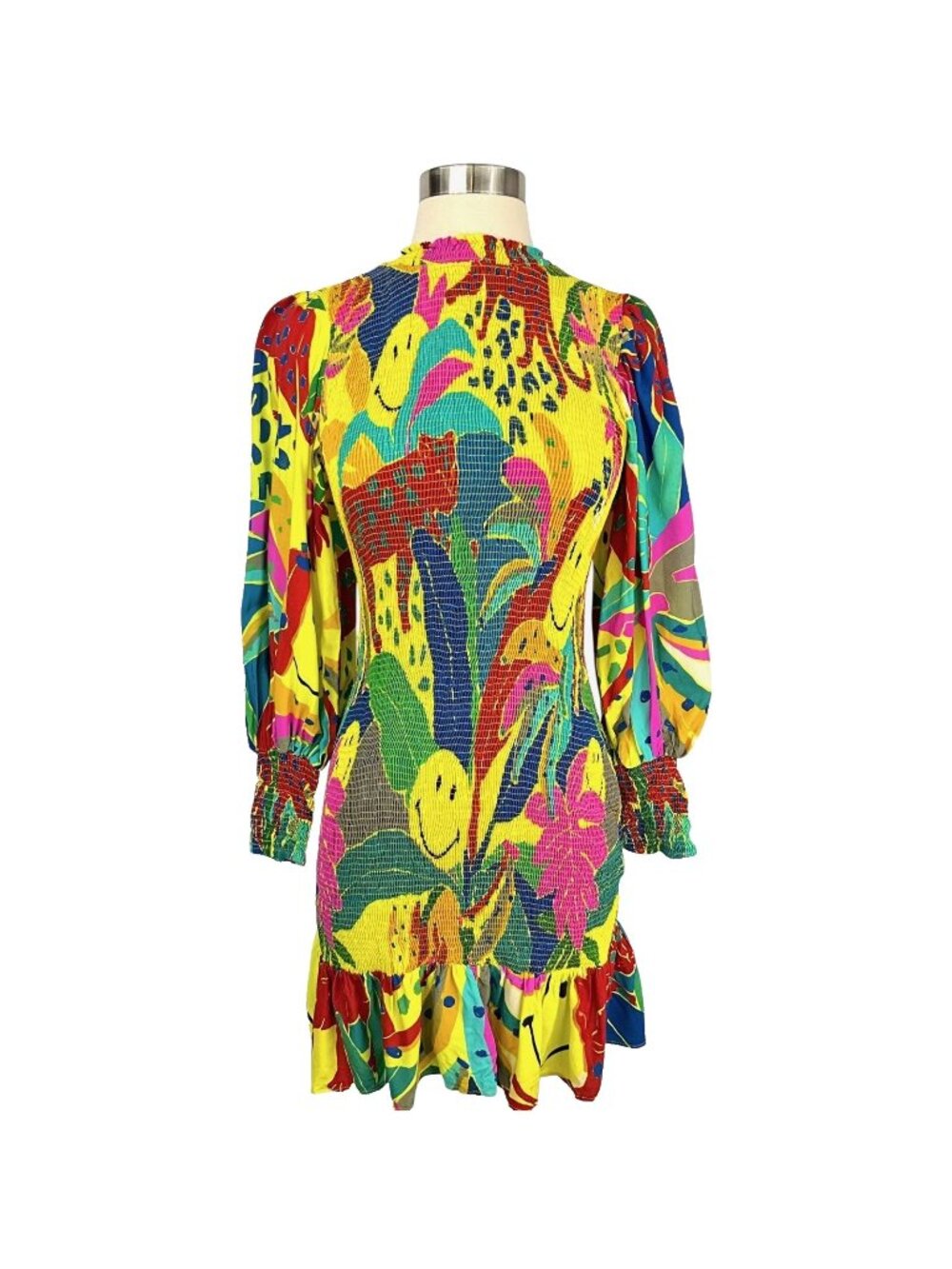 FARM Rio Smiley Leopards Jungle Mini Dress Womens P Multicolor Long Sleeve